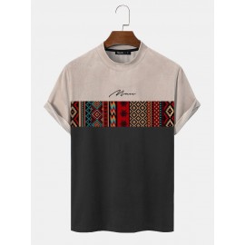 Mens Vintage Geometric Pattern Patchwork Mock Neck Short Sleeve T-Shirts