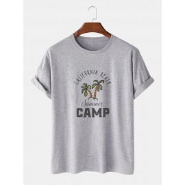 Mens Palm Tree Letter Print Cotton Short Sleeve T-Shirts