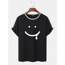 Mens Smile Face Print Side Stripe Street Short Sleeve T-Shirts