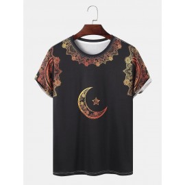 Mens Ombre Star & Moon Print Ethnic Style Short Sleeve T-Shirts