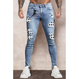 Sky Blue Soccer Print Splicing Skinny High Waist Men's Jeans