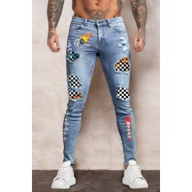 Sky Blue Go Racing Mens Checkerboard Rip & Repair Jeans