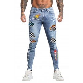 Sky Blue Go Racing Mens Checkerboard Rip & Repair Jeans