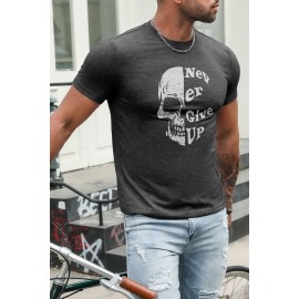 Gray Never Give Up Skull Print Slim Fit Men's Graphic T Shirt