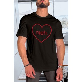 Black meh. Heart Shaped Print Crewneck Short Sleeve Men's Tee