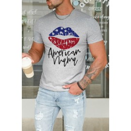 Gray America Mama Flag Lip Print Men's Graphic T-shirt