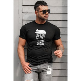 Black Men's Letter Coffee Cup Print Slim-fit Crewneck T Shirt