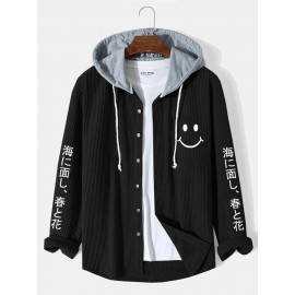 Mens Smile Face Japanese Embroidered Corduroy Long Sleeve Hooded Shirts