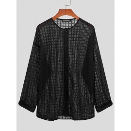 Mens Casual Mesh Check Long-sleeved Shirts