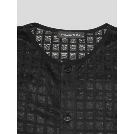 Mens Casual Mesh Check Long-sleeved Shirts