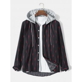 Mens Striped Geometric Print Button Up Cotton Drawstring Hooded Shirts