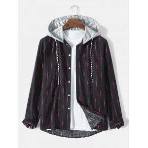Mens Striped Geometric Print Button Up Cotton Drawstring Hooded Shirts