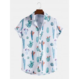 Mens All Over Cactus Pattern Lapel Short Sleeve White Shirt