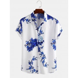 Mens Chinese Style Porcelain Floral Printed Short Sleeve Turn Down Collar Casual Shirt