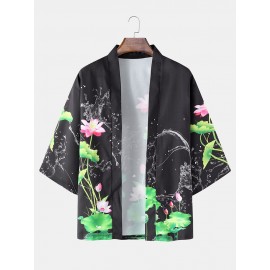 Mens Lotus Printed Open Front Loose 3/4 Sleeve Kimono