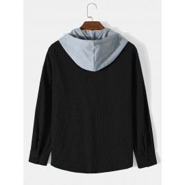 Mens Smile Face Japanese Embroidered Corduroy Long Sleeve Hooded Shirts